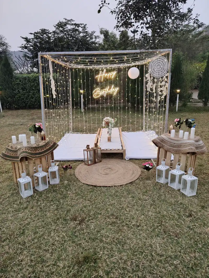 A photographed birthday occasion in the gardens at Farm Aravalia