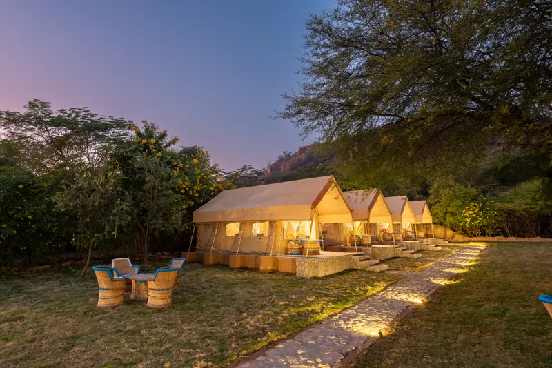 Safari Tents and their stone pathways illuminated at dusk at Farm Aravalia